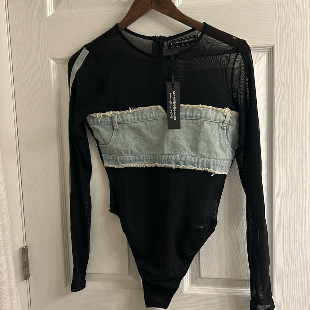 Denim Mesh Bodysuit Size 12 Maniere De Voir NWT